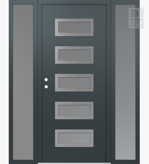 Modern Steel Front Door Diamond D1 60" x 80" anthracite/anthracite frosted Glass Panel stainless steel RHI with 2 Sidelites frosted Glass