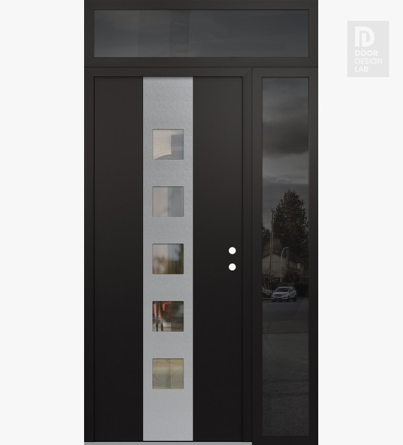 Modern Steel Front Door DIAMOND A13 50" X 96" BLACK/BLACK CLEAR GLASS PANEL STAINLESS STEEL LHI WITH SIDELITE AND TRANSOM MIRRORED GLASS