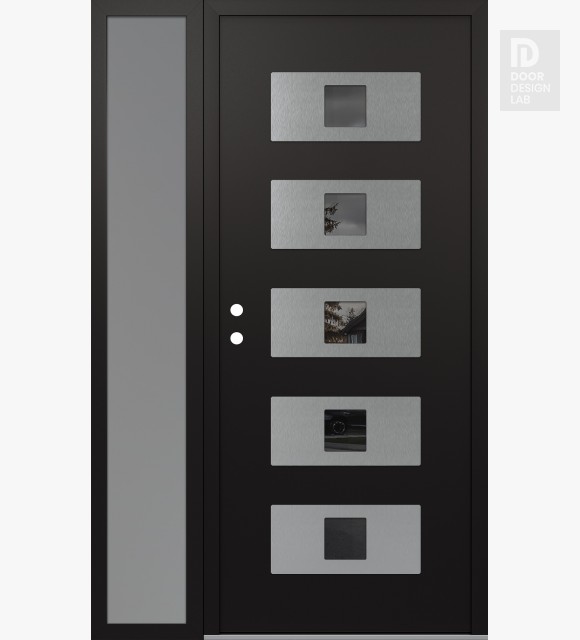 Modern Steel Front Door Diamond D8 48" x 80" black/black mirrored Glass Panel stainless steel RHI with Sidelite frosted Glass