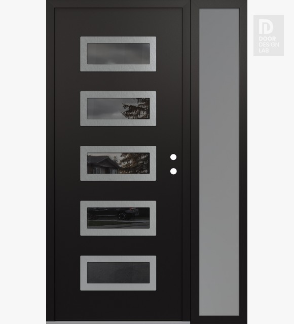 Modern Steel Front Door Diamond D1 48" x 80" black/black mirrored Glass Panel stainless steel LHI with Sidelite frosted Glass