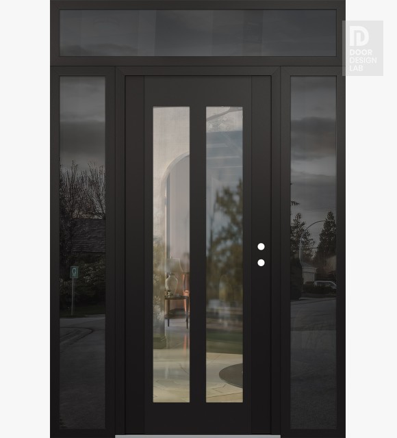 Modern Steel Front Door Diamond C14 68" x 96" black/black clear Glass Panel black LHI with 2 Sidelites and Transom mirrored Glass