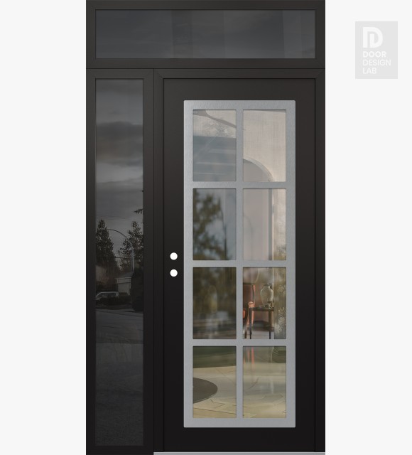 Modern Steel Front Door Diamond C16 48" x 96" black/black clear Glass Panel stainless steel RHI with Sidelite and Transom mirrored Glass