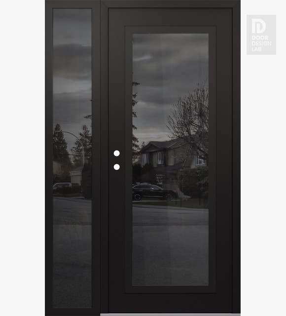 Modern Steel Front Door Diamond C1 50" x 80" black/black mirrored Glass Panel black RHI with Sidelite mirrored Glass