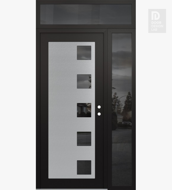 Modern Steel Front Door Diamond C5 52" x 96" black/black mirrored Glass Panel stainless steel LHI with Sidelite and Transom mirrored Glass