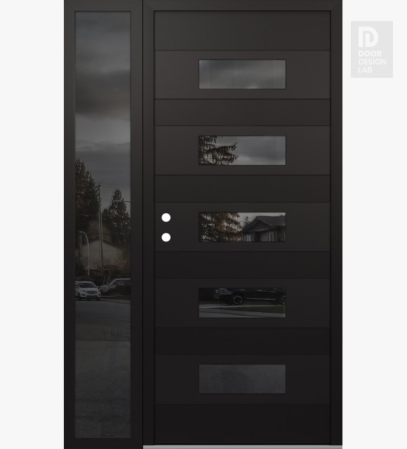 Modern Steel Front Door Diamond D5 48" x 80" black/black mirrored Glass Panel black RHI with Sidelite mirrored Glass