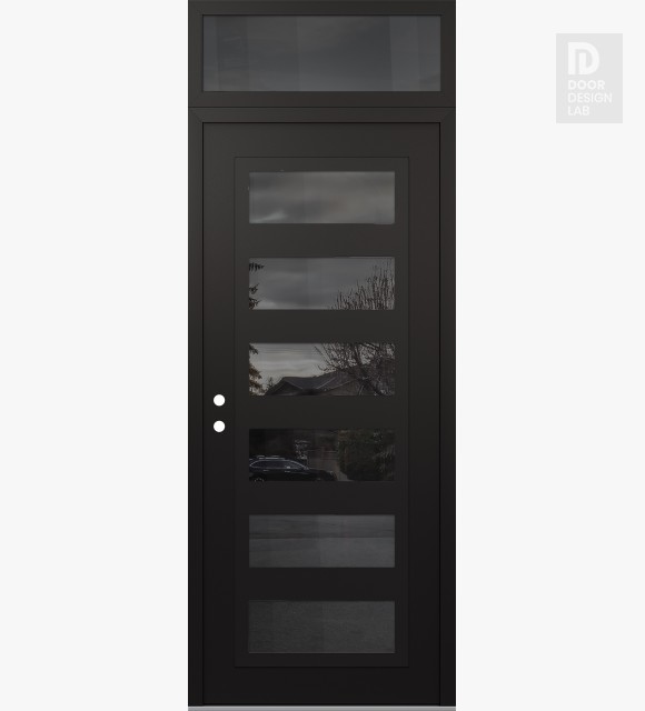 Modern Steel Front Door Diamond C9 36" x 96" black/black mirrored Glass Panel black RHI with Transom mirrored Glass