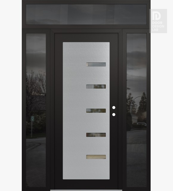 Modern Steel Front Door Diamond C8 60" x 96" black/black clear Glass Panel stainless steel LHI with 2 Sidelites and Transom mirrored Glass
