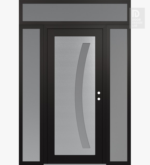 Modern Steel Front Door Diamond C4 60" x 96" black/white frosted Glass Panel stainless steel LHI with 2 Sidelites and Transom frosted Glass