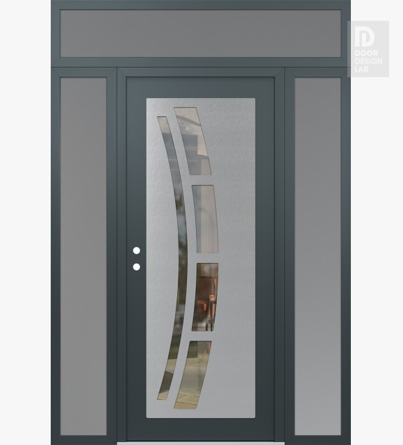 Modern Steel Front Door Diamond C12 60" x 96" anthracite/anthracite clear Glass Panel stainless steel RHI with 2 Sidelites and Transom frosted Glass