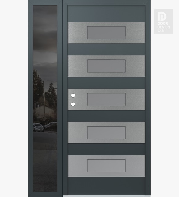 Modern Steel Front Door Diamond D5 52" x 80" anthracite/anthracite frosted Glass Panel stainless steel RHI with Sidelite mirrored Glass