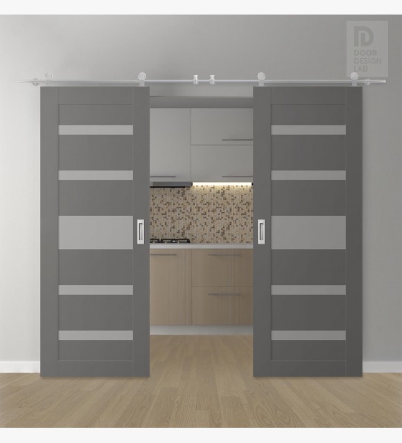 DOUBLE BARN DOOR AVON 07-05 VETRO GRAY MATTE 36" X 84" X 1 3/4" STAINLESS STEEL HARDWARE