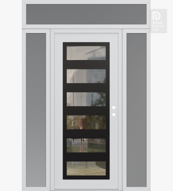 Modern Steel Front Door Diamond C9 60" x 96" white/white clear Glass Panel black LHI with 2 Sidelites and Transom frosted Glass