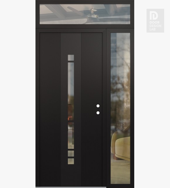 Modern Steel Front Door DIAMOND A3 52" X 96" BLACK/BLACK CLEAR GLASS PANEL BLACK LHI WITH SIDELITE AND TRANSOM CLEAR GLASS
