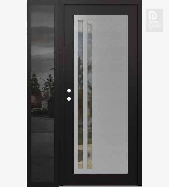 Modern Steel Front Door Diamond C6 50" x 80" black/black clear Glass Panel stainless steel RHI with Sidelite mirrored Glass
