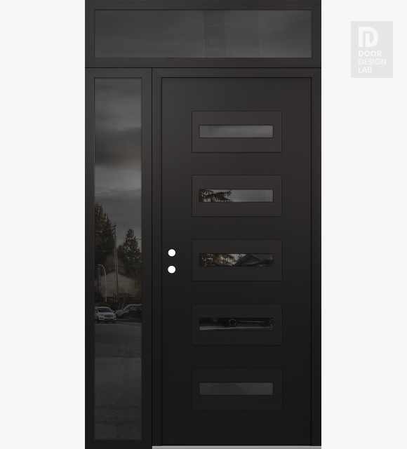Modern Steel Front Door Diamond D4 48" x 96" black/black mirrored Glass Panel black RHI with Sidelite and Transom mirrored Glass