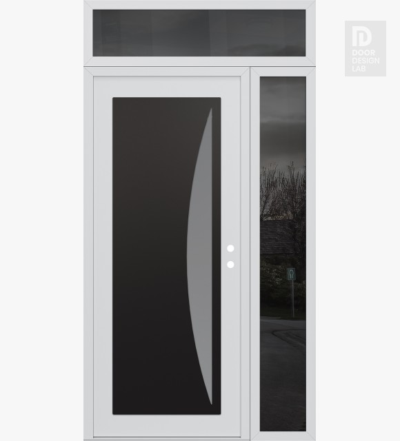 Modern Steel Front Door Diamond C13 48" x 96" white/white frosted Glass Panel black LHI with Sidelite and Transom mirrored Glass