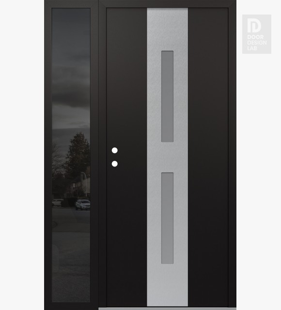 Modern Steel Front Door DIAMOND A6 50" X 80" BLACK/WHITE FROSTED GLASS PANEL STAINLESS STEEL RHI WITH SIDELITE MIRRORED GLASS