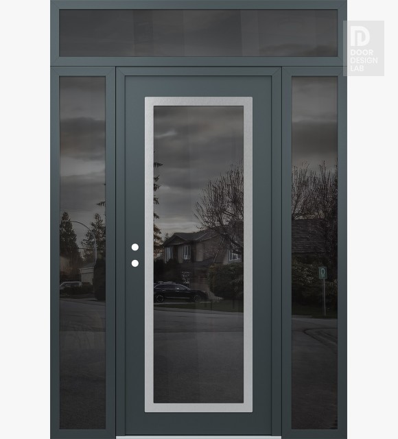 Modern Steel Front Door Diamond C1 64" x 96" anthracite/anthracite mirrored Glass Panel stainless steel RHI with 2 Sidelites and Transom mirrored Glass