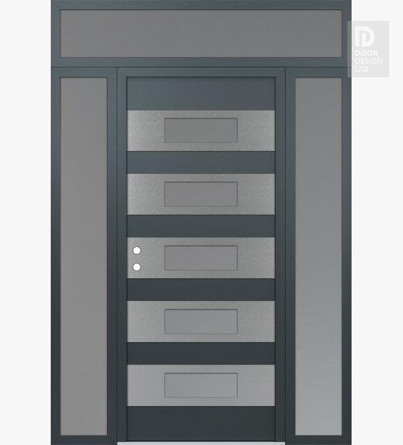 Modern Steel Front Door Diamond D5 68" x 96" anthracite/anthracite frosted Glass Panel stainless steel RHI with 2 Sidelites and Transom frosted Glass