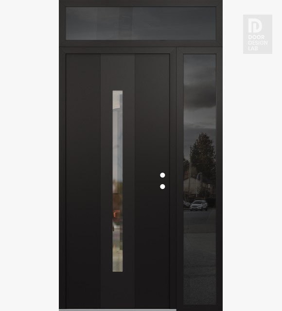 Modern Steel Front Door DIAMOND A2 50" X 96" BLACK/BLACK CLEAR GLASS PANEL BLACK LHI WITH SIDELITE AND TRANSOM MIRRORED GLASS