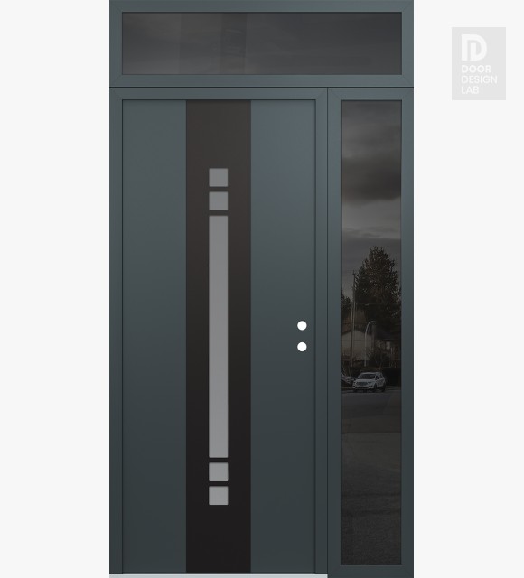 Modern Steel Front Door DIAMOND A4 52" X 96" ANTHRACITE/ANTHRACITE FROSTED GLASS PANEL BLACK LHI WITH SIDELITE AND TRANSOM MIRRORED GLASS