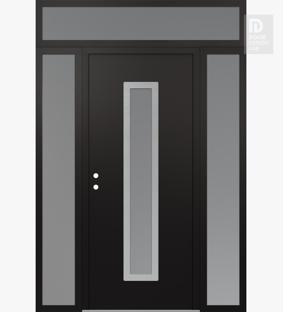Modern Steel Front Door DIAMOND A11 60" X 96" BLACK/WHITE FROSTED GLASS PANEL STAINLESS STEEL RHI WITH 2 SIDELITES AND TRANSOM FROSTED GLASS