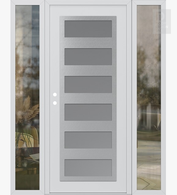 Modern Steel Front Door Diamond C9 64" x 80" white/white frosted Glass Panel stainless steel RHI with 2 Sidelites clear Glass