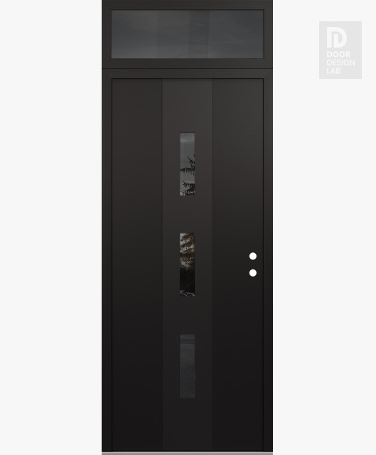 Modern Steel Front Door DIAMOND A7 36" X 96" BLACK/BLACK MIRRORED GLASS PANEL BLACK LHI WITH TRANSOM MIRRORED GLASS