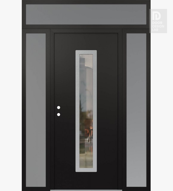 Modern Steel Front Door DIAMOND A11 68" X 96" BLACK/BLACK CLEAR GLASS PANEL STAINLESS STEEL RHI WITH 2 SIDELITES AND TRANSOM FROSTED GLASS