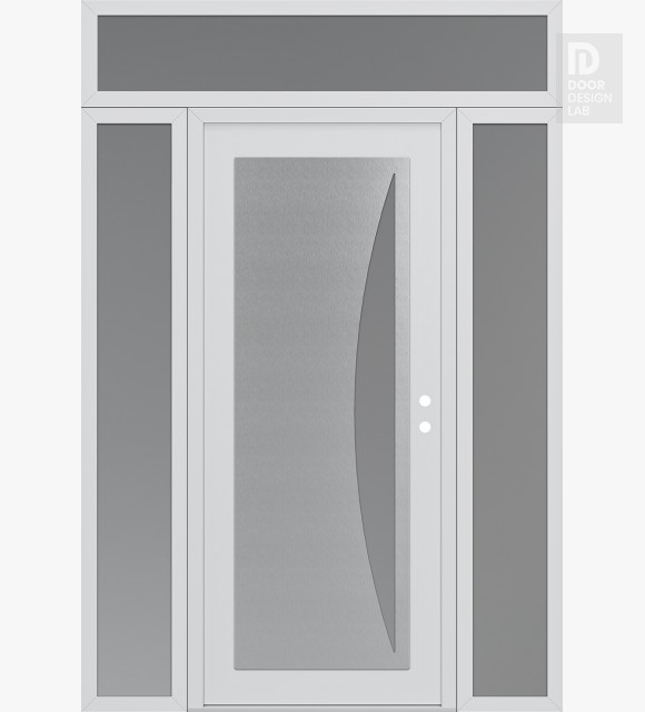 Modern Steel Front Door Diamond C13 68" x 96" white/white frosted Glass Panel stainless steel LHI with 2 Sidelites and Transom frosted Glass