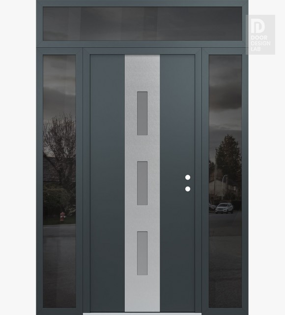 Modern Steel Front Door DIAMOND A7 68" X 96" ANTHRACITE/ANTHRACITE FROSTED GLASS PANEL STAINLESS STEEL LHI WITH 2 SIDELITES AND TRANSOM MIRRORED GLASS