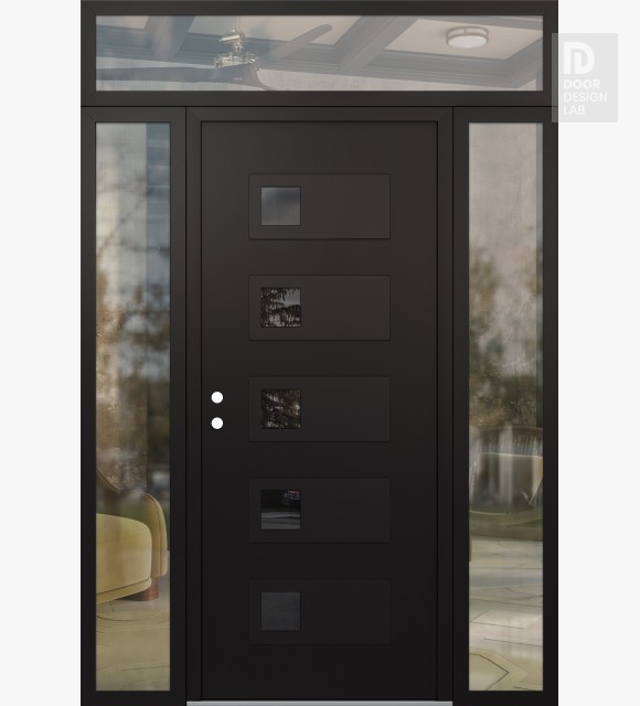 Modern Steel Front Door Diamond D2 60" x 96" black/black mirrored Glass Panel black RHI with 2 Sidelites and Transom clear Glass