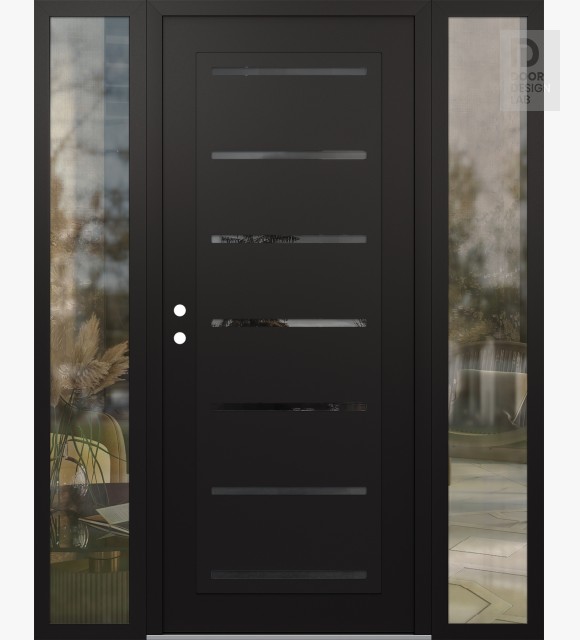 Modern Steel Front Door Diamond C11 68" x 80" black/black mirrored Glass Panel black RHI with 2 Sidelites clear Glass