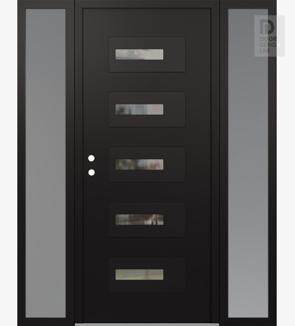Modern Steel Front Door Diamond D6 64" x 80" black/black clear Glass Panel black RHI with 2 Sidelites frosted Glass