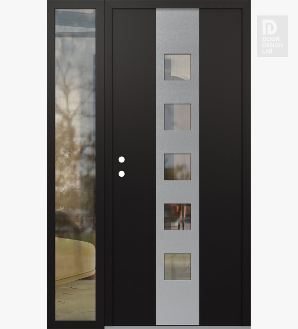 Modern Steel Front Door DIAMOND A13 52" X 80" BLACK/BLACK CLEAR GLASS PANEL STAINLESS STEEL RHI WITH SIDELITE CLEAR GLASS