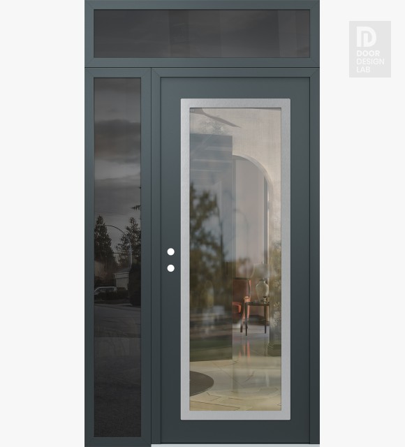 Modern Steel Front Door Diamond C1 48" x 96" anthracite/anthracite clear Glass Panel stainless steel RHI with Sidelite and Transom mirrored Glass