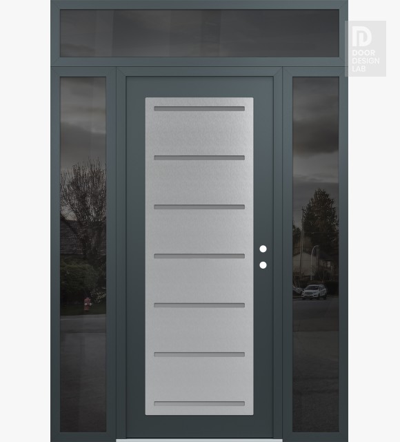 Modern Steel Front Door Diamond C11 64" x 96" anthracite/anthracite frosted Glass Panel stainless steel LHI with 2 Sidelites and Transom mirrored Glass
