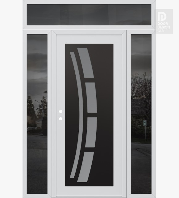Modern Steel Front Door Diamond C12 64" x 96" white/white frosted Glass Panel black RHI with 2 Sidelites and Transom mirrored Glass