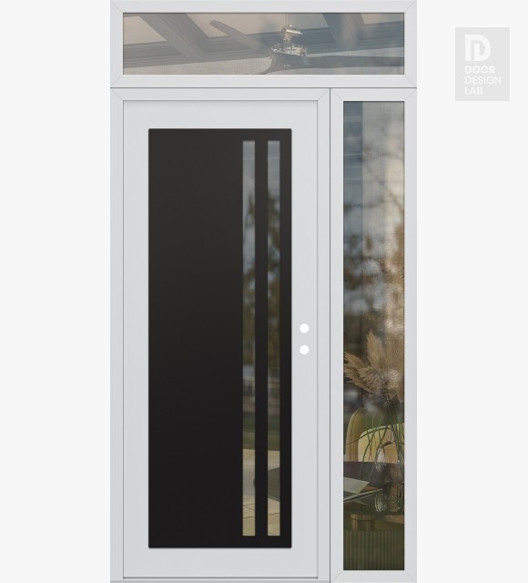 Modern Steel Front Door Diamond C6 52" x 96" white/white clear Glass Panel black LHI with Sidelite and Transom clear Glass