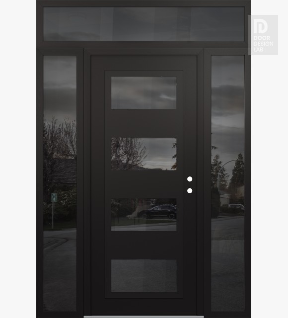 Modern Steel Front Door Diamond C2 64" x 96" black/black mirrored Glass Panel black LHI with 2 Sidelites and Transom mirrored Glass