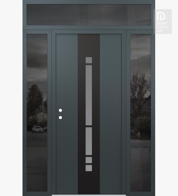 Modern Steel Front Door DIAMOND A3 64" X 96" ANTHRACITE/ANTHRACITE FROSTED GLASS PANEL BLACK RHI WITH 2 SIDELITES AND TRANSOM MIRRORED GLASS