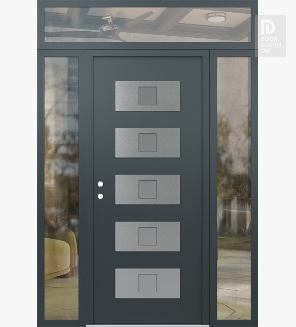 Modern Steel Front Door Diamond D8 64" x 96" anthracite/anthracite frosted Glass Panel stainless steel RHI with 2 Sidelites and Transom clear Glass