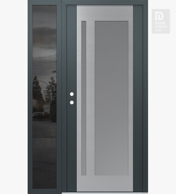 Modern Steel Front Door Diamond C15 52" x 80" anthracite/anthracite frosted Glass Panel stainless steel RHI with Sidelite mirrored Glass