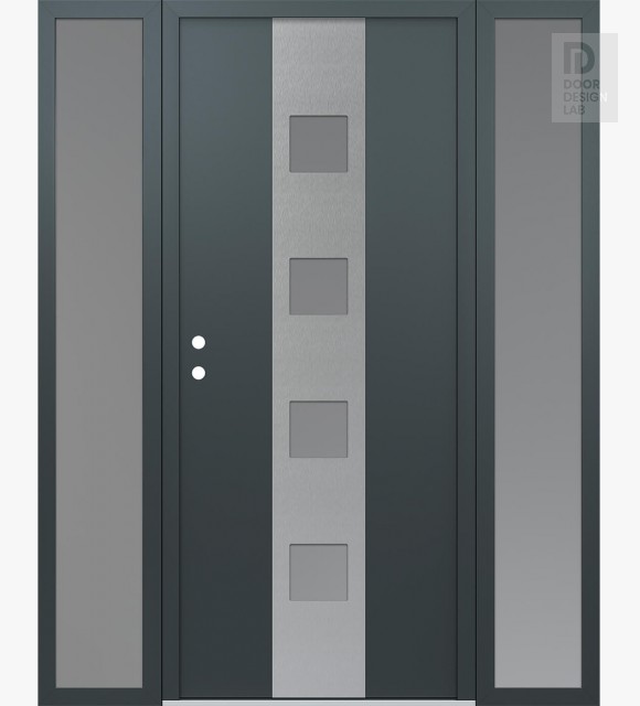 Modern Steel Front Door DIAMOND A12 68" X 80" ANTHRACITE/ANTHRACITE FROSTED GLASS PANEL STAINLESS STEEL RHI WITH 2 SIDELITES FROSTED GLASS