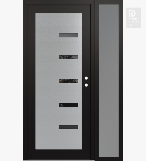 Modern Steel Front Door Diamond C8 48" x 80" black/black mirrored Glass Panel stainless steel LHI with Sidelite frosted Glass