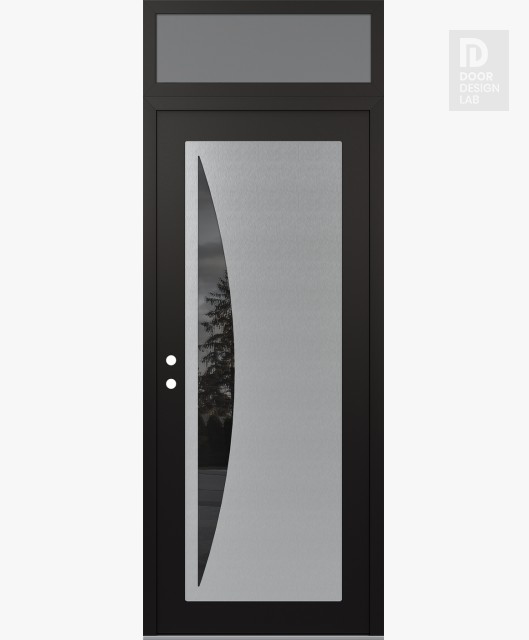 Modern Steel Front Door Diamond C13 36" x 96" black/black mirrored Glass Panel stainless steel RHI with Transom frosted Glass