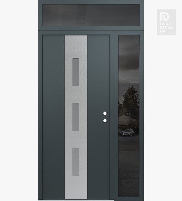 Modern Steel Front Door DIAMOND A7 50" X 96" ANTHRACITE/ANTHRACITE FROSTED GLASS PANEL STAINLESS STEEL LHI WITH SIDELITE AND TRANSOM MIRRORED GLASS