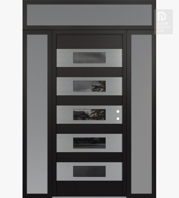 Modern Steel Front Door Diamond D5 64" x 96" black/black mirrored Glass Panel stainless steel LHI with 2 Sidelites and Transom frosted Glass