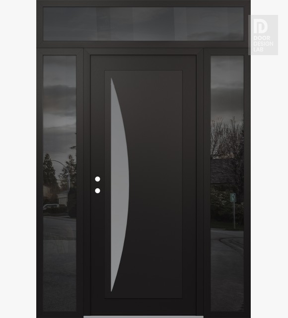 Modern Steel Front Door Diamond C13 64" x 96" black/white frosted Glass Panel black RHI with 2 Sidelites and Transom mirrored Glass