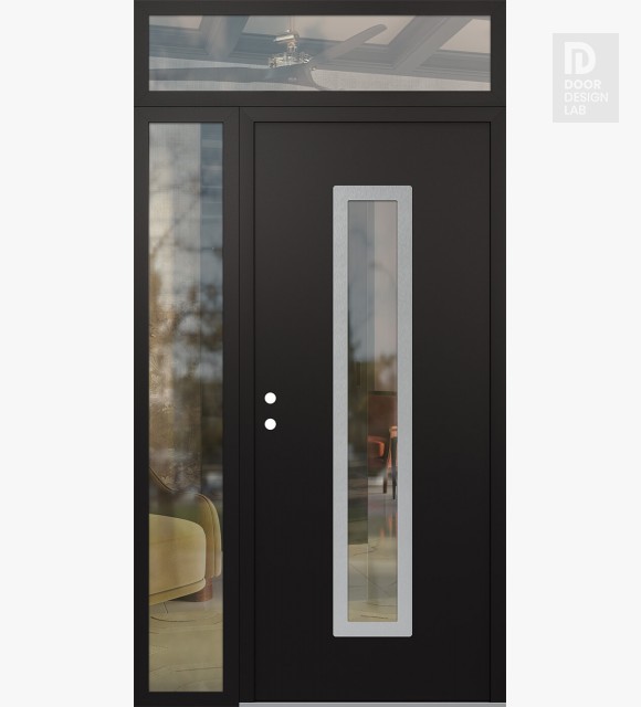 Modern Steel Front Door DIAMOND A11 52" X 96" BLACK/BLACK CLEAR GLASS PANEL STAINLESS STEEL RHI WITH SIDELITE AND TRANSOM CLEAR GLASS
